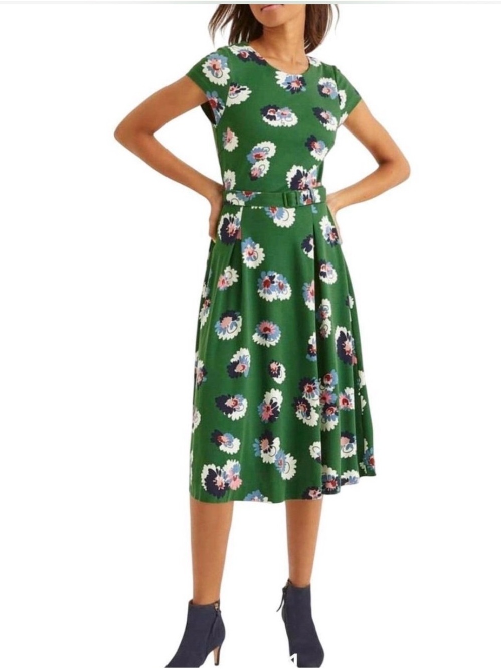 Boden Aida Ponte Green Floral Scoop Neck Belted Lined Knit Midi Dress US 8L